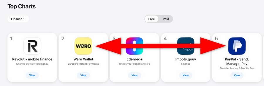 Wero-App auf Platz 2, PayPal-App auf Platz 5