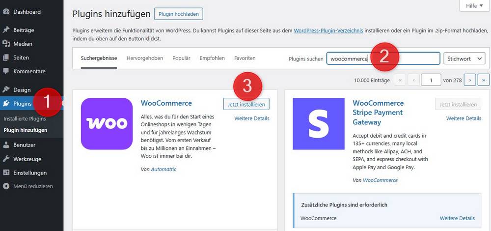 Installation von WooCommerce über das Backend von WordPress