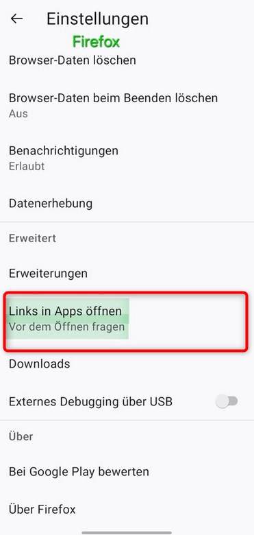 Firefox: Links in Apps öffnen
