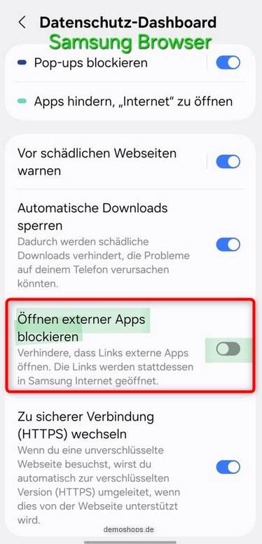 Samsung Browser, externe Apps erlauben