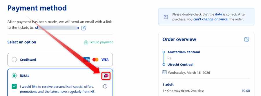 Auswahl von iDEAL Wero beim Kauf von niederländischen Bahntickets