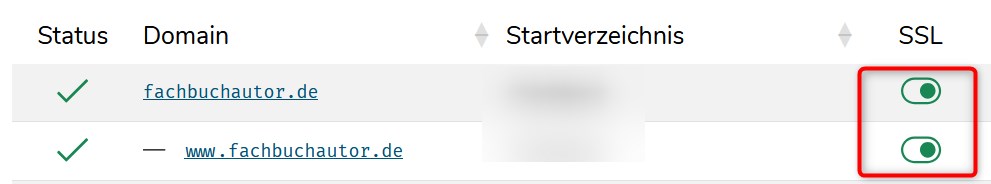 SSL ist per Schieberegler aktiviert