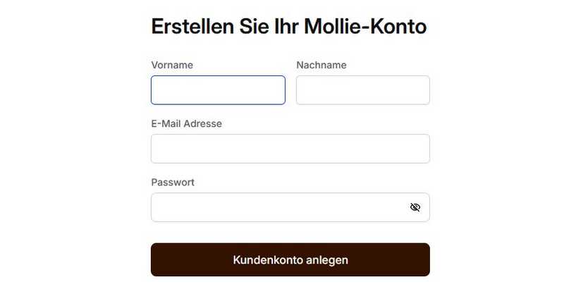 Mollie: Eingabe von Name, E-Mail und Passwort
