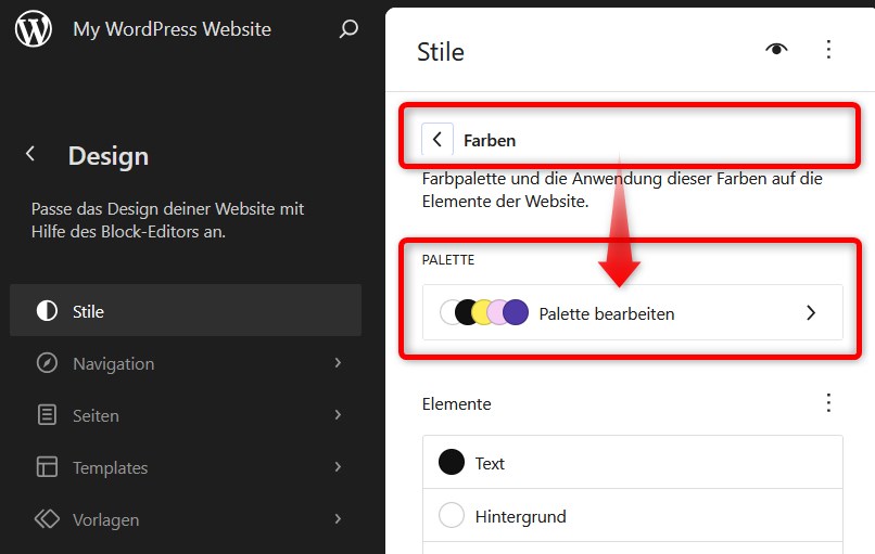 WordPress Design Palette bearbeiten