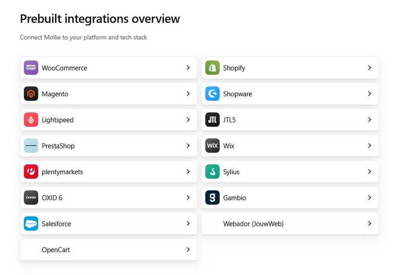 Mollie: Übersicht bevorzugter Shopsysteme