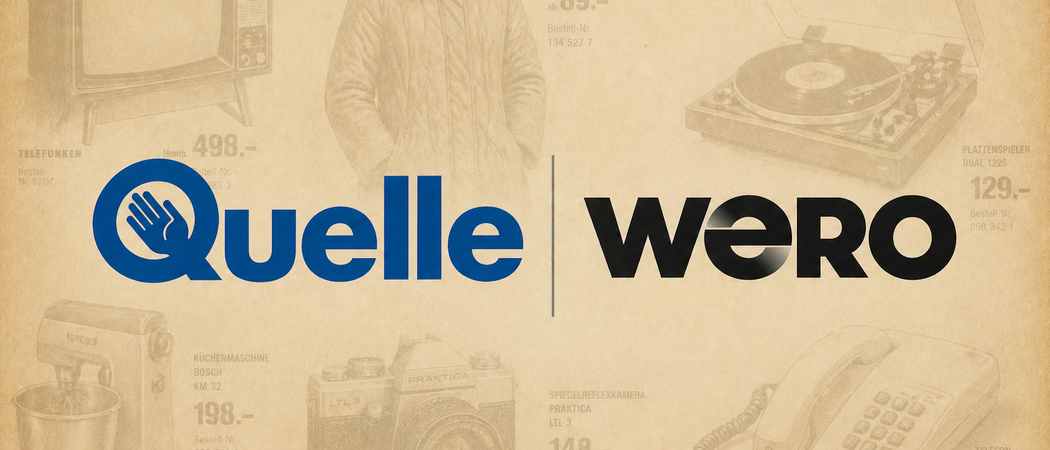 Logos von Quelle und Wero. Im Hintergrund Produkte aus dem alten Quelle-Katalog
