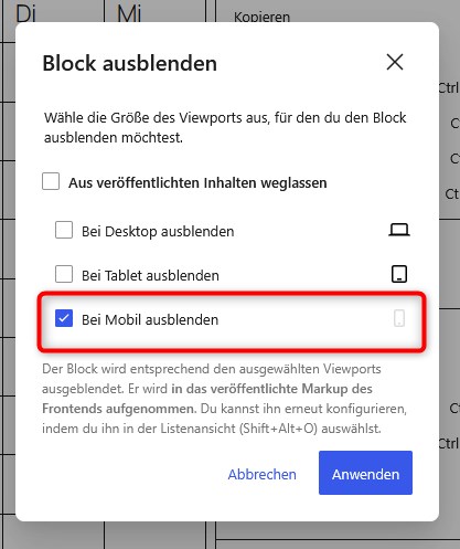 WordPress Block für mobile Ansicht ausblenden