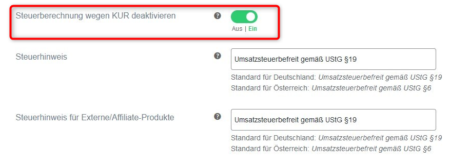 Steuerberechnung deaktivieren