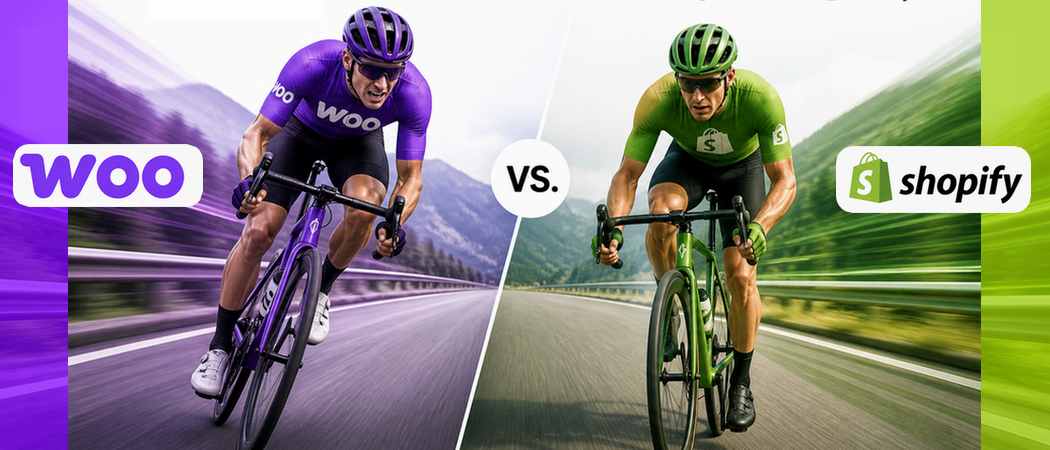 Radrennfahrer mit Trikots von WooCommerce und Shopify