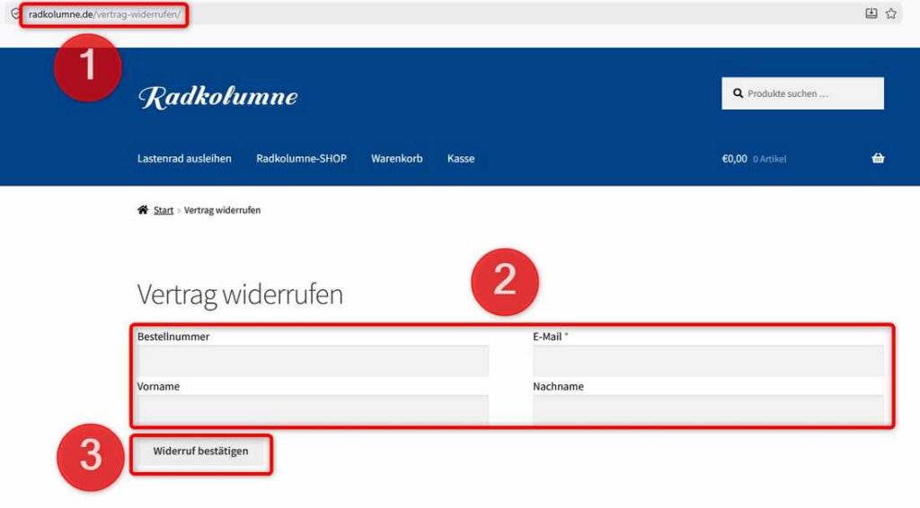 Widerrufsseite in Germanized - die Eingabefelder