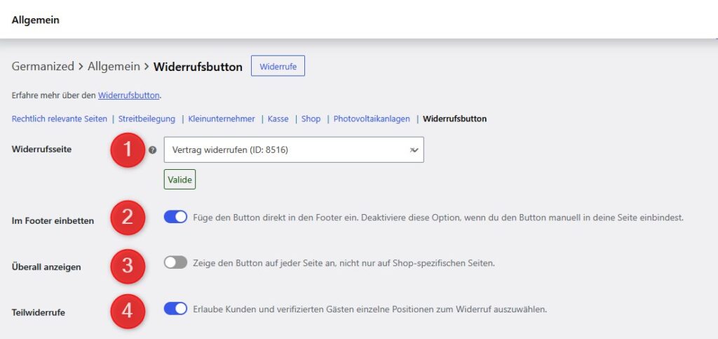 Der Widerrufsbutton in WooCommerce Germanized. Konfiguration.