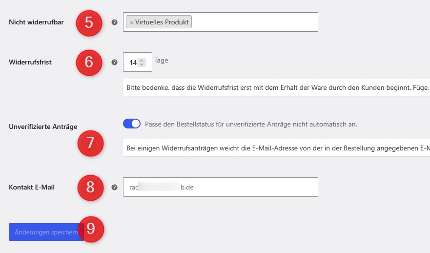 Der Widerrufsbutton in WooCommerce Germanized - konfiguration teil 2