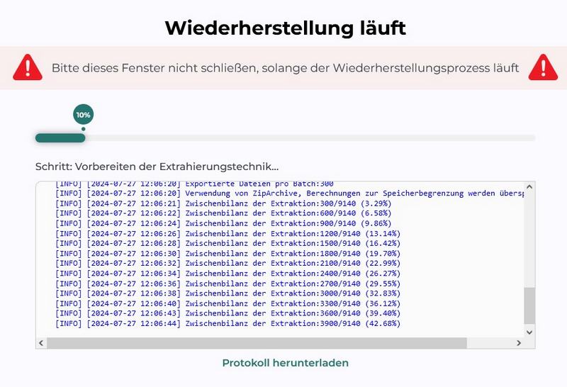 WordPress Wiederherstellung läuft. Fenster nicht schließen.