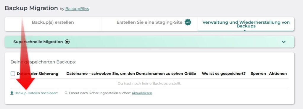 WordPress-Backup-Datei hochladen.