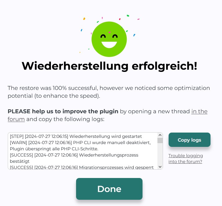 WordPress Wiederherstellung erfolgreich.
