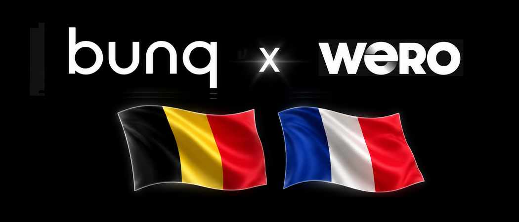 Logos von bunq und Wero. Flaggen von Belgien und Frankreich
