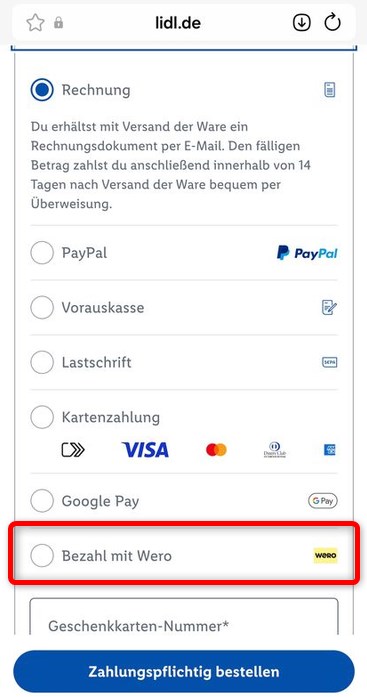 Screenshot: Bei Lidl mit Wero bezahlen.