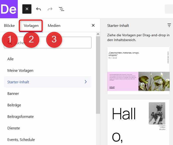 Auswahl von Pattern (Vorlagen) in WordPress