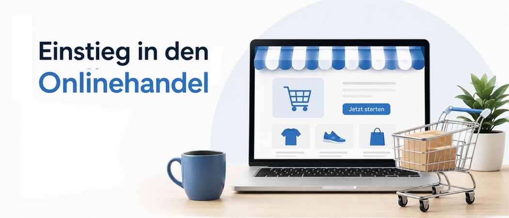 Einstieg in den Onlinehandel. Bild zeigt Kaffeetasse, Onlineshop, Einkaufswagen mit Paketen und Topfpflanze im Hintergrund.