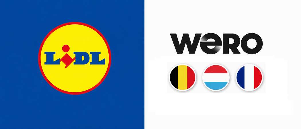 Logos von LIdl und Wero, Flaggenkreis e von Belgien, Luxrmburg und Frankreich