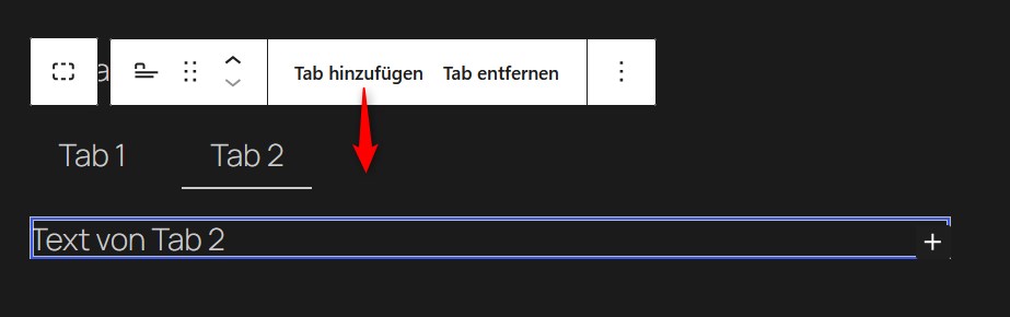 Tabs-Block von WordPress. Angezeigt sind Tab 1 und Tab 2.