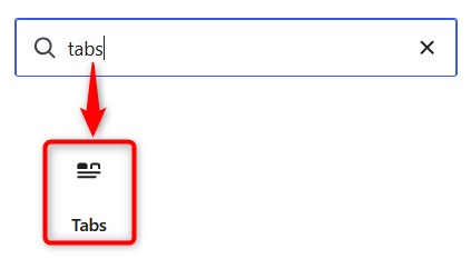 Block-Suche mit Eingabe "Tabs" und angezeigtem Tabs-Icon. 
