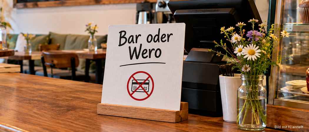 Cafe mit Schild "keine Kartenzahlung . bar oder Wero"