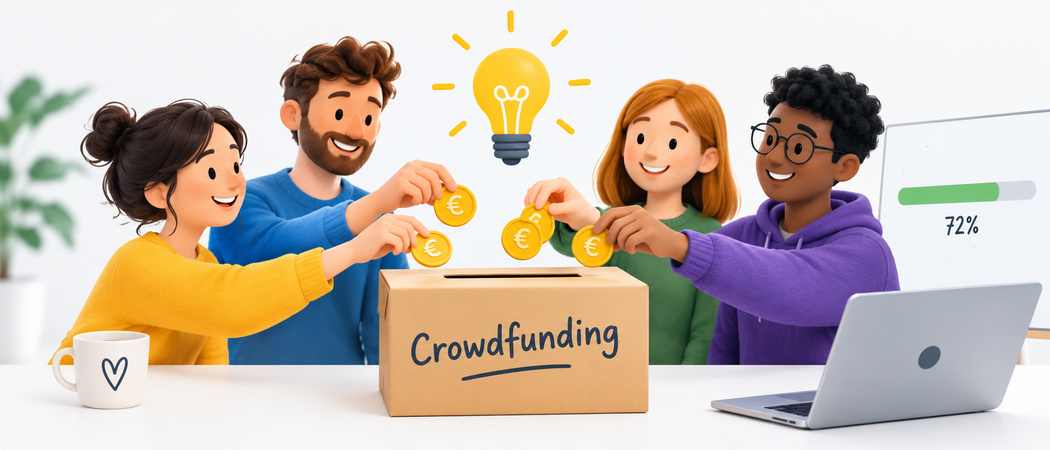 Vier junge Menschen sitzen um eine Kasse herum. Auf der Kasse steht "Crowdfunding".