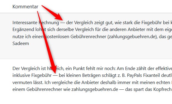 Spam-Kommentar mit langen Gedankenstrichen