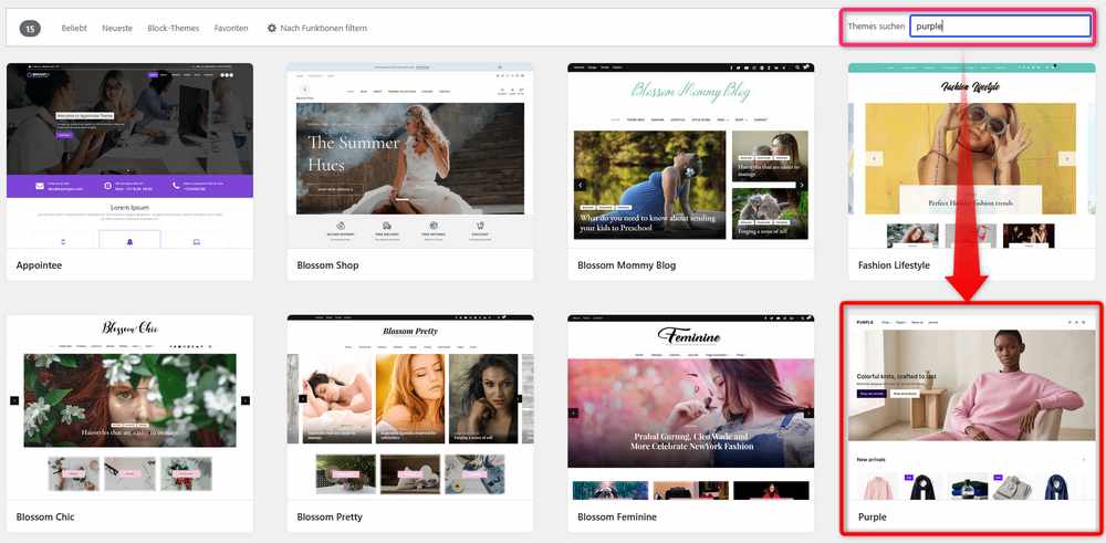 WordPress Themeverwaltung. Theme Purple ist in die Suche eingegeben.